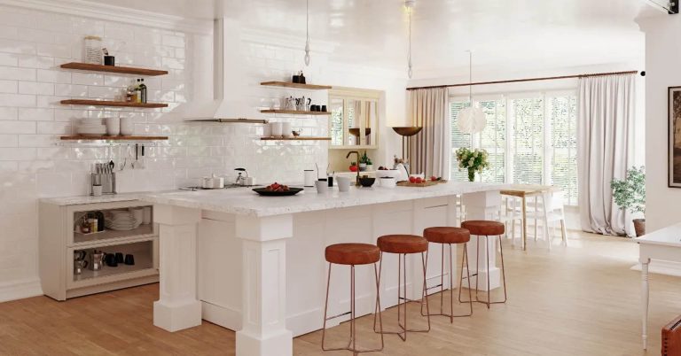 Modern white kitchen with island, wood barstools, open shelving, and natural lighting from large windows