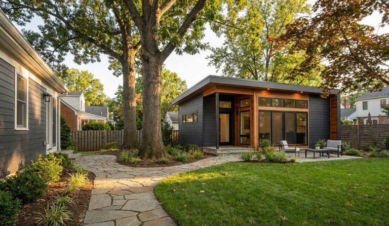Detached accessory dwelling unit in Arlington County backyard with separate entrance and landscaping