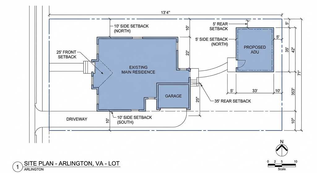 Site plan diagram showing ADU setback requirements and placement on Arlington residential lot