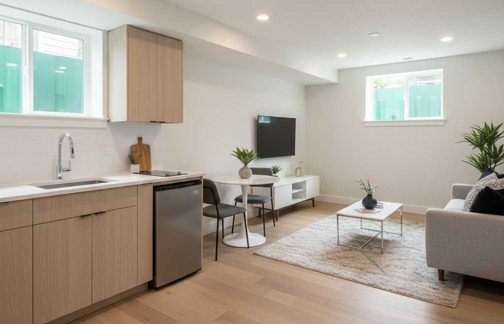 Modern basement ADU interior in Arlington home showing kitchen, living area, and natural light from egress windows