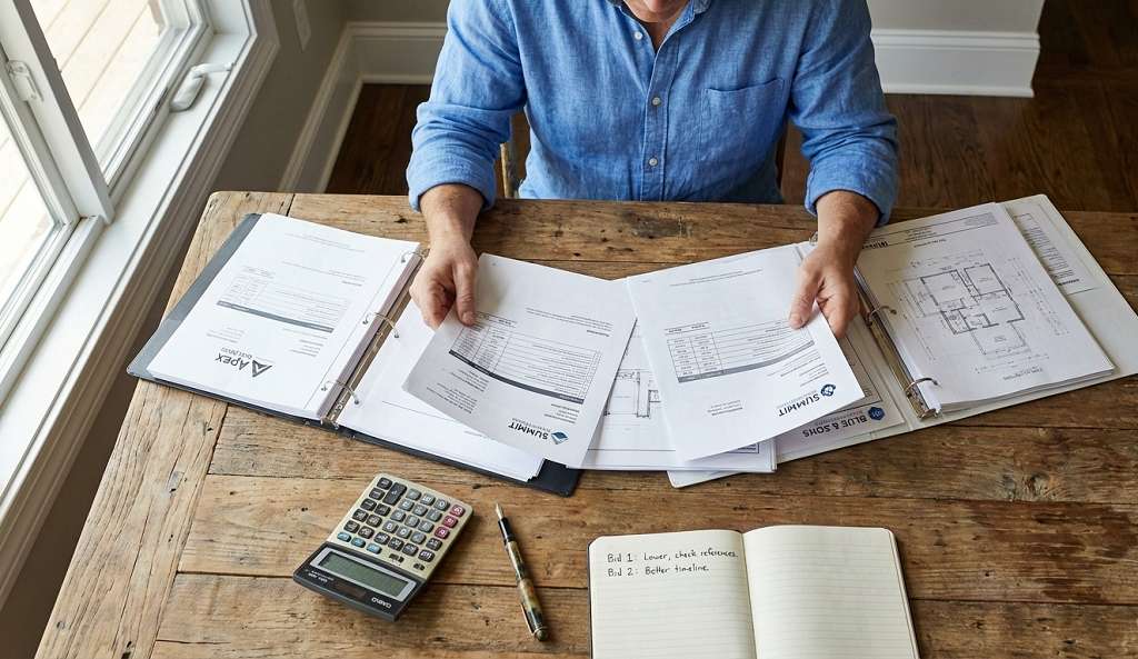 Multiple contractor estimates and bid documents spread on table for comparison during remodeling contractor selection