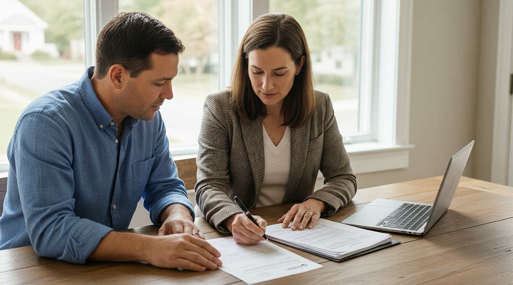 Homeowner reviewing and signing home remodeling contract with contractor in Northern Virginia