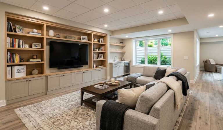Finished basement remodel in Northern Virginia home with entertainment area and modern finishes