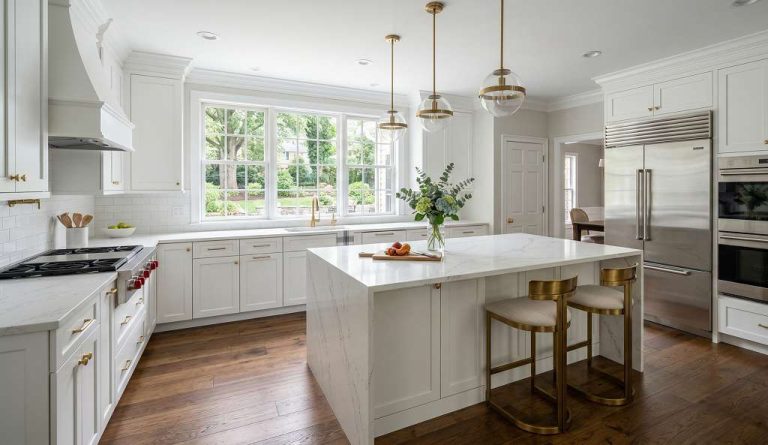 Modern kitchen remodel in Northern Virginia home with quartz countertops and custom cabinetry