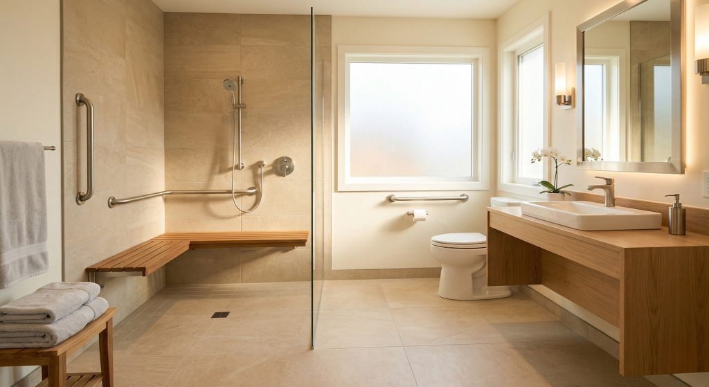 Accessible bathroom design for multigenerational home with curbless shower and universal design features
