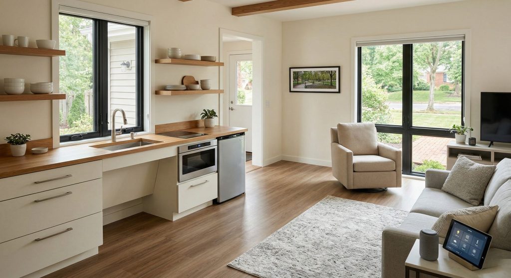 In-law suite interior showing multigenerational home design with kitchenette and living area