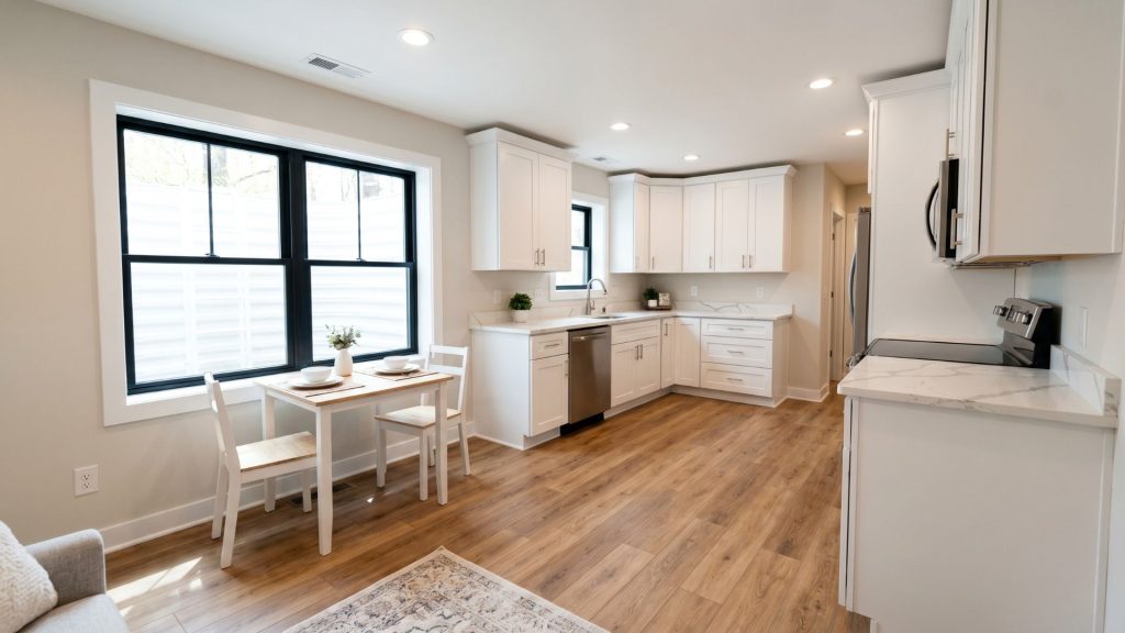 Modern ADU in-law suite interior Northern Virginia open floor plan kitchen living