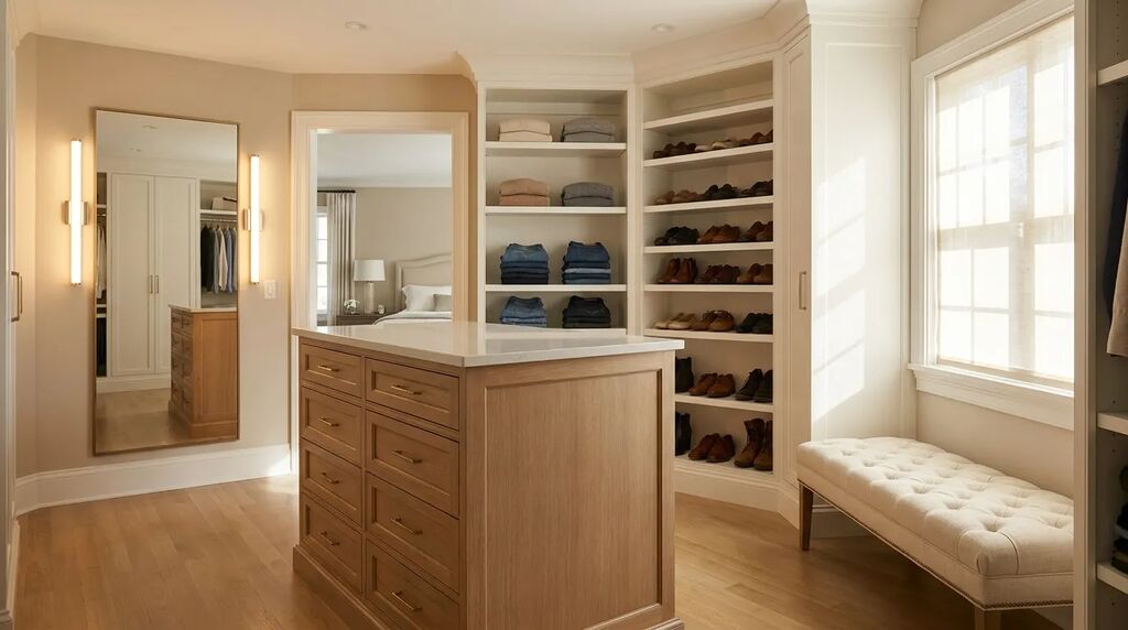 Second-story dressing room with closet island and full-length mirror