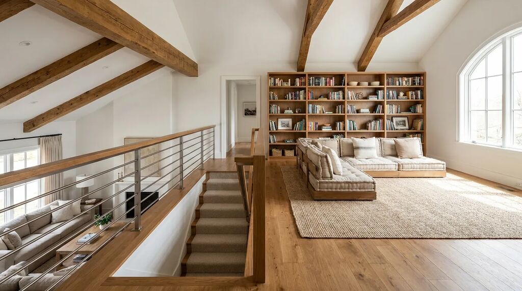 Open second-story family loft overlooking the stairwell below