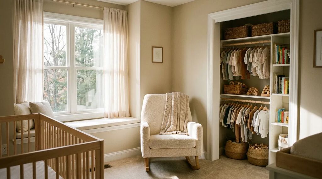 Second-story flex room addition set up as a nursery and playroom