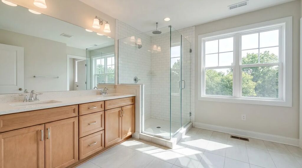 Second-story full bathroom addition with double sinks and walk-in shower