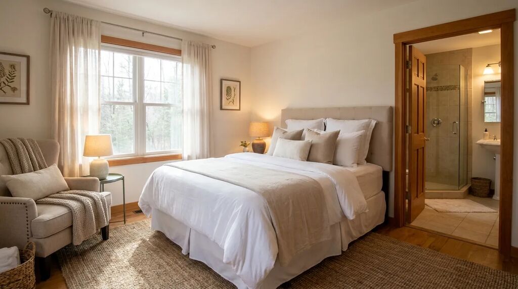 Cozy second-story guest suite bedroom with private ensuite bathroom