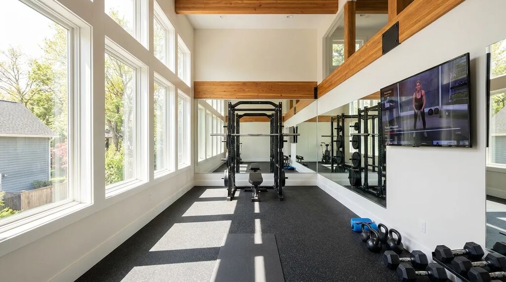 Home gym addition above a garage with mirrored wall and equipment