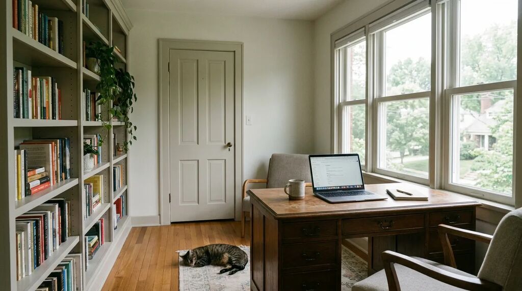 Private second-floor home office with built-in shelving and daylight