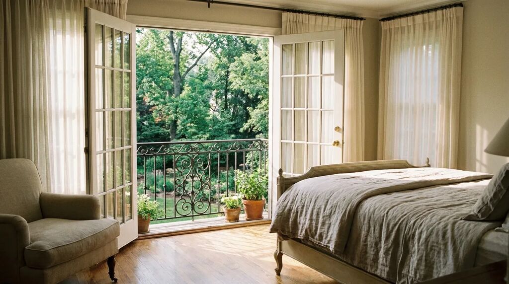 Second-story bedroom with a Juliet balcony overlooking a wooded yard