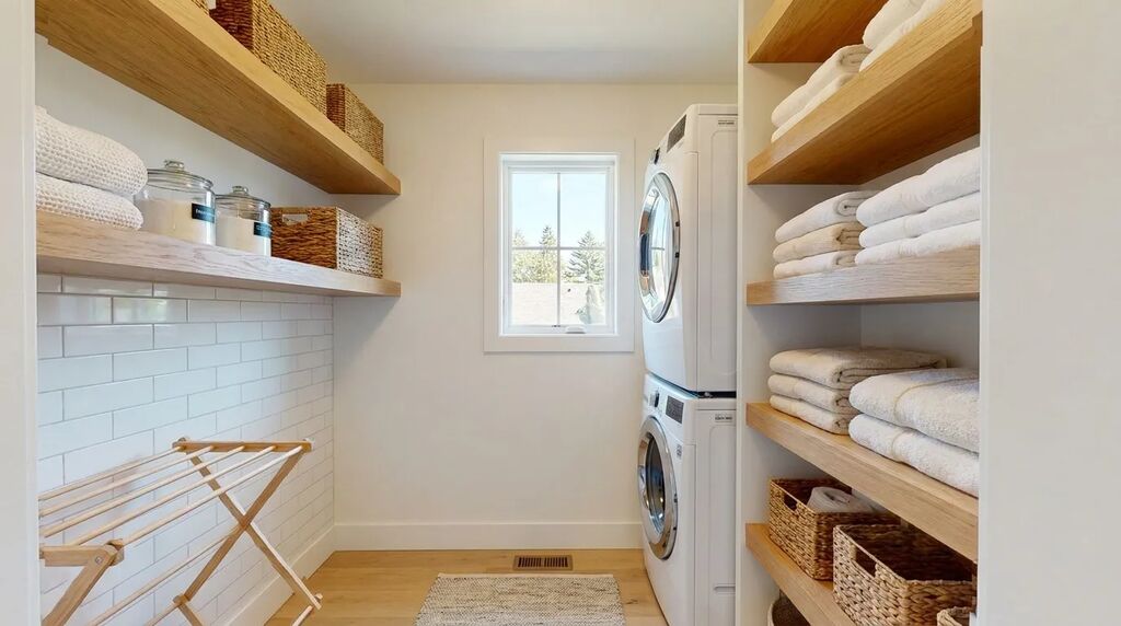 Second-floor laundry room addition near bedrooms with built-in storage