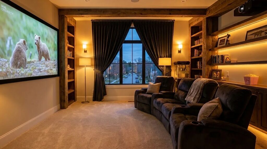 Second-story media room addition with large screen and theater seating