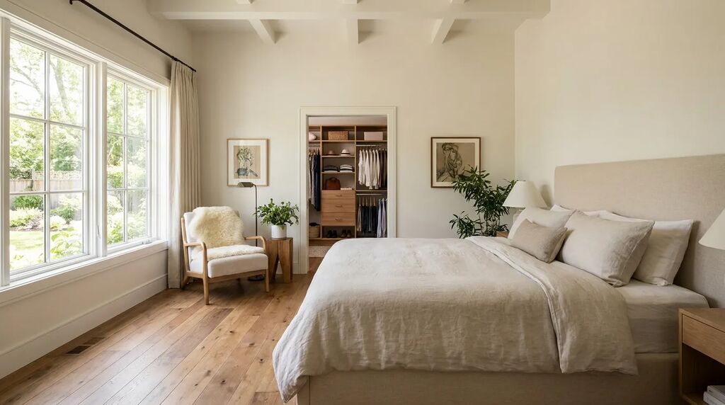 Bright primary suite in a second-story home addition with large windows