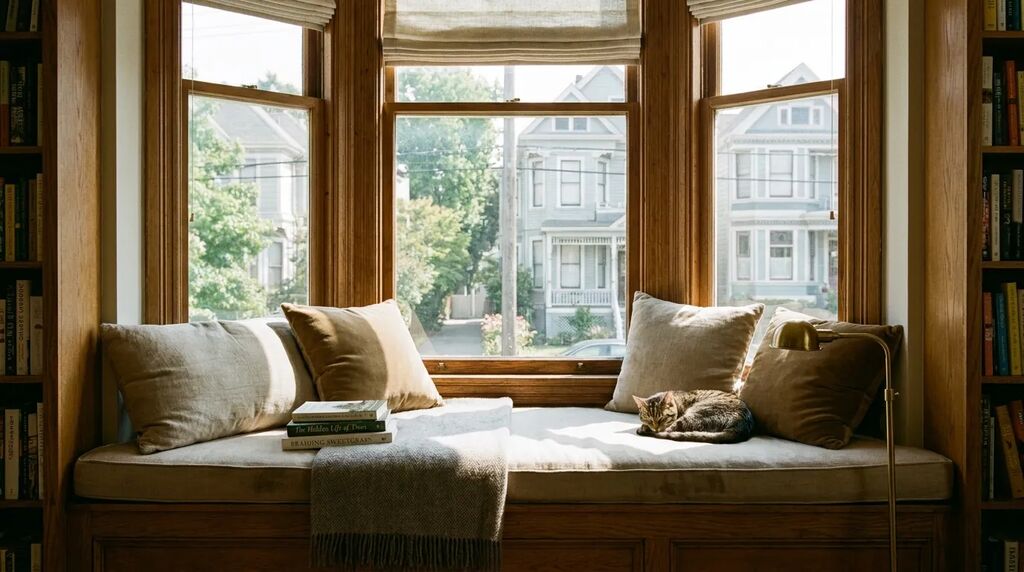 Built-in window seat reading nook in a second-story home addition
