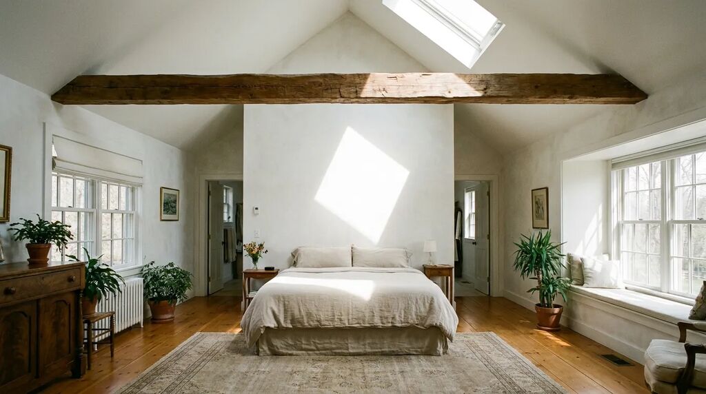 Second-story addition bedroom with vaulted ceiling and skylight