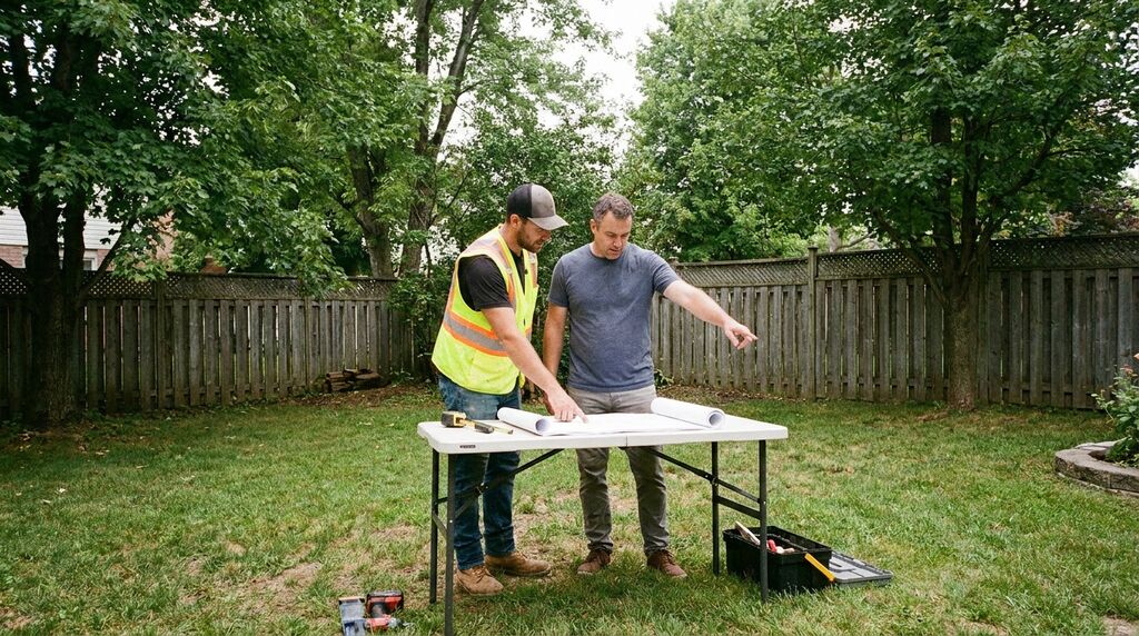 Contractor and homeowner discussing ADU plans in Fairfax County yard