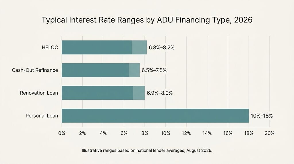 Chart comparing ADU loan interest rate ranges by financing type 2026