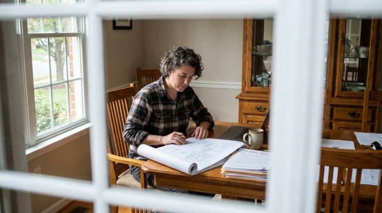 Homeowner reviewing accessory dwelling unit permit plans at home