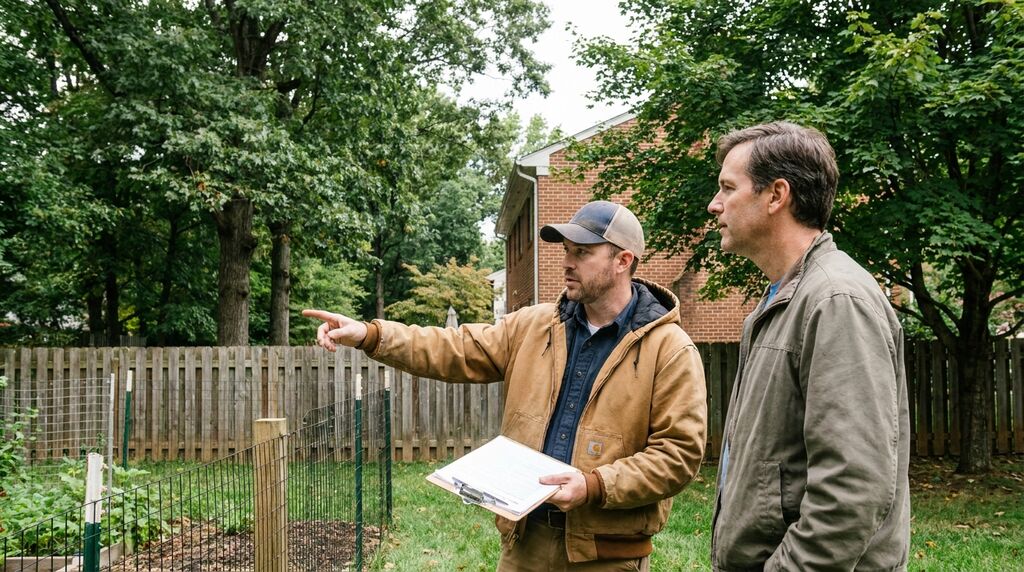 Contractor and homeowner reviewing ADU permit documents outdoors