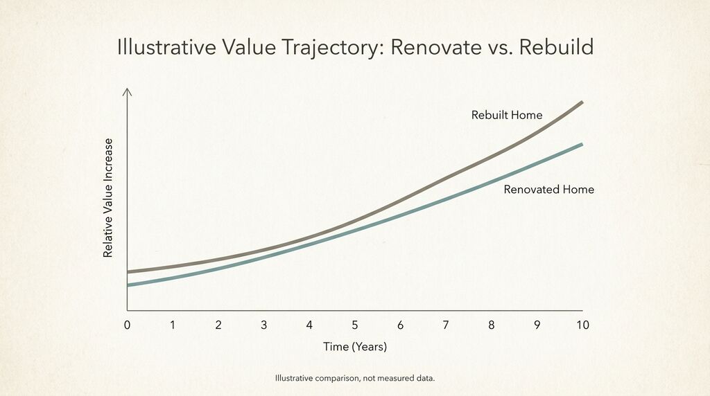 Chart comparing renovate vs. rebuild home value growth after renovation vs rebuild
