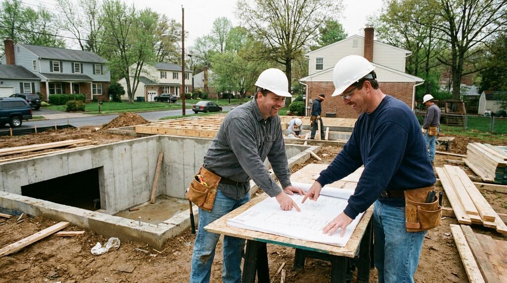 Structural engineer reviewing foundation plans for home addition